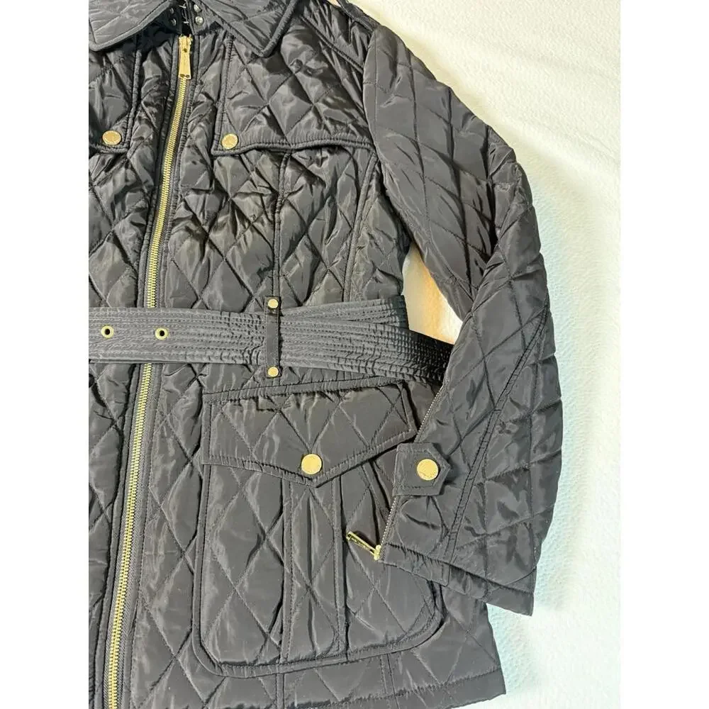 Michael Kors Women's Black Quilted Belted Jacket Size L Gold Zip‎ Moto Coat